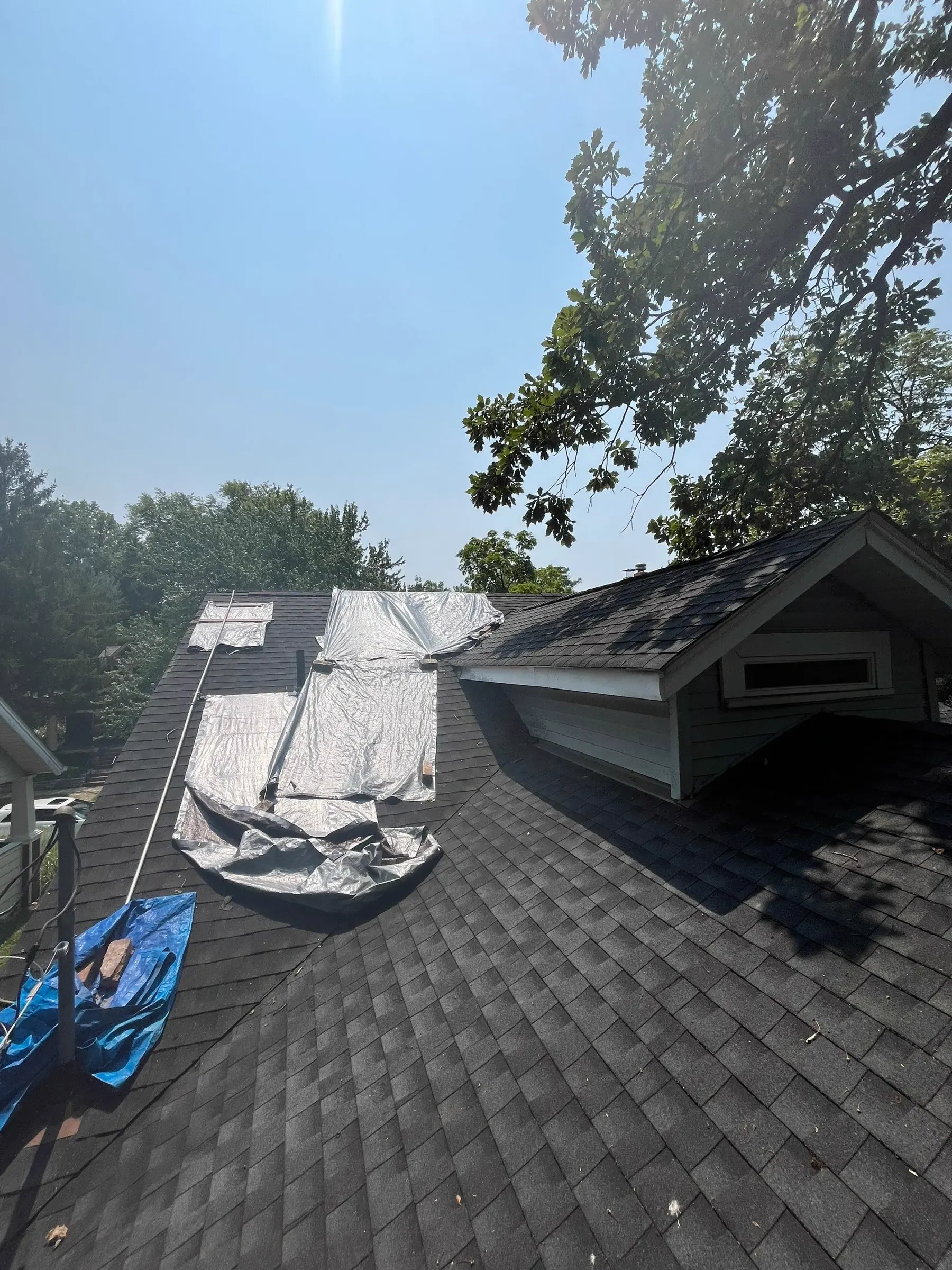 Emergency tarp installed over storm damage on a shingle roof
