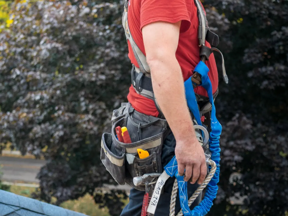 A Northern KY Roofing roofer harnessed in before starting a tear-off
