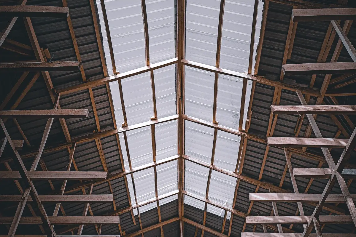 Roof framing and decking under construction